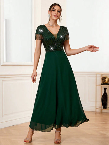 Women's Sequin Patchwork Fringed Decoration Cocktail Party Dress