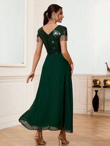 Women's Sequin Patchwork Fringed Decoration Cocktail Party Dress