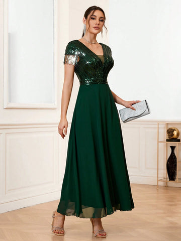 Women's Sequin Patchwork Fringed Decoration Cocktail Party Dress