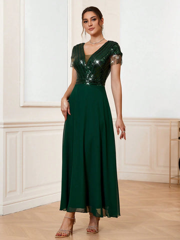 Women's Sequin Patchwork Fringed Decoration Cocktail Party Dress