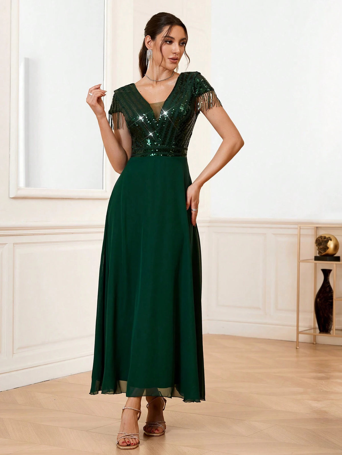 Women's Sequin Patchwork Fringed Decoration Cocktail Party Dress