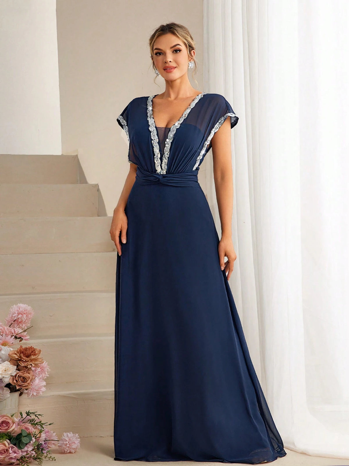 Women's Sequin Patchwork Waist Pleated Chiffon Bridesmaid Maxi Dress