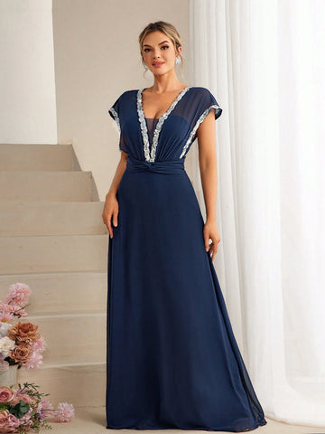 Women's Sequin Patchwork Waist Pleated Chiffon Bridesmaid Maxi Dress