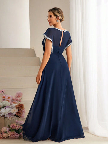 Women's Sequin Patchwork Waist Pleated Chiffon Bridesmaid Maxi Dress