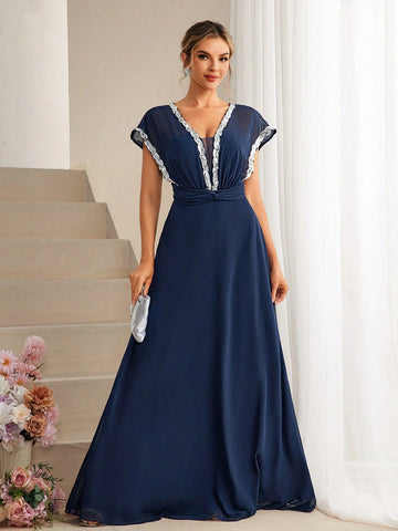 Women's Sequin Patchwork Waist Pleated Chiffon Bridesmaid Maxi Dress