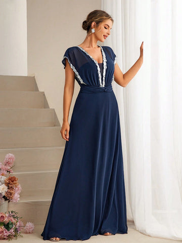 Women's Sequin Patchwork Waist Pleated Chiffon Bridesmaid Maxi Dress
