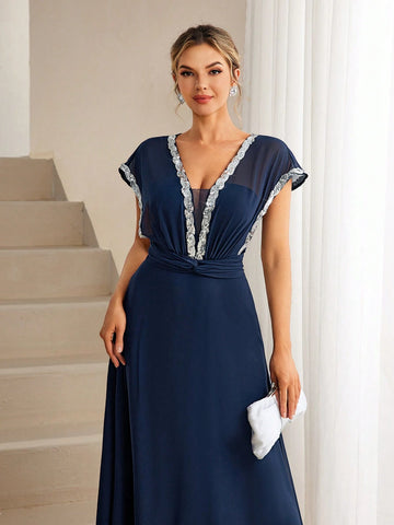 Women's Sequin Patchwork Waist Pleated Chiffon Bridesmaid Maxi Dress