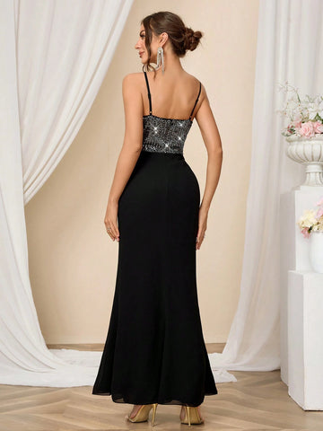 Women's Sequined High-Slit Daily Dress, Wedding Formal Dress, Black Skirt Fashionable And Slim