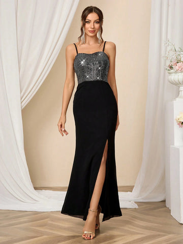 Women's Sequined High-Slit Daily Dress, Wedding Formal Dress, Black Skirt Fashionable And Slim