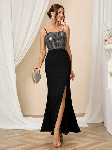 Women's Sequined High-Slit Daily Dress, Wedding Formal Dress, Black Skirt Fashionable And Slim