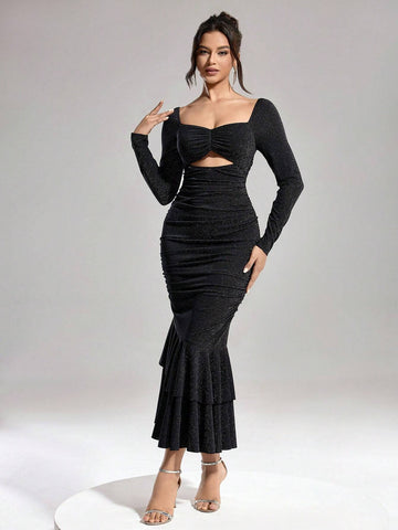 Women's Sequins Hollow-Out Ruched Mermaid Design Christmas Party Dress