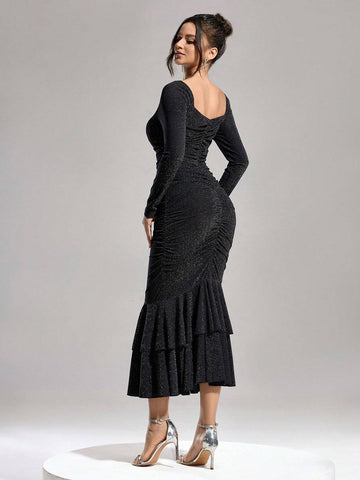 Women's Sequins Hollow-Out Ruched Mermaid Design Christmas Party Dress