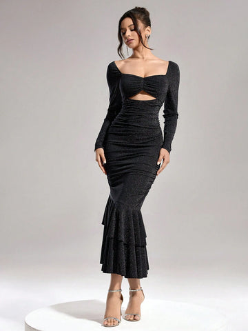 Women's Sequins Hollow-Out Ruched Mermaid Design Christmas Party Dress