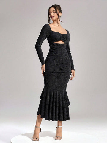Women's Sequins Hollow-Out Ruched Mermaid Design Christmas Party Dress