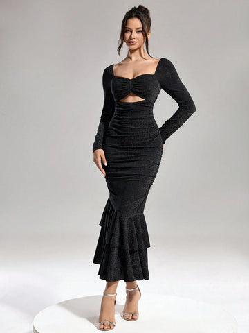 Women's Sequins Hollow-Out Ruched Mermaid Design Christmas Party Dress