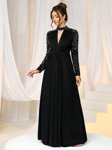 Women's Sequins Patchwork Stand Collar Maxi Party Dress