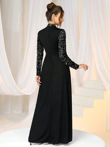 Women's Sequins Patchwork Stand Collar Maxi Party Dress