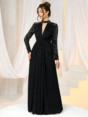 Women's Sequins Patchwork Stand Collar Maxi Party Dress