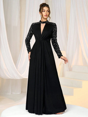 Women's Sequins Patchwork Stand Collar Maxi Party Dress