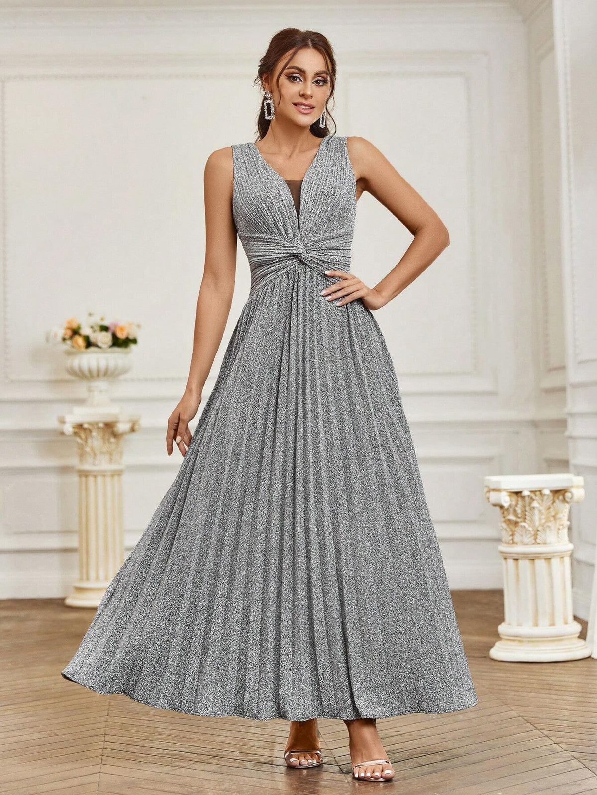 Women's Shiny Knotted Pleated Elegant Formal Evening Dress