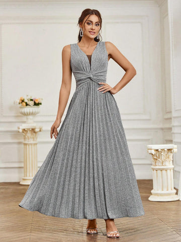 Women's Shiny Knotted Pleated Elegant Formal Evening Dress