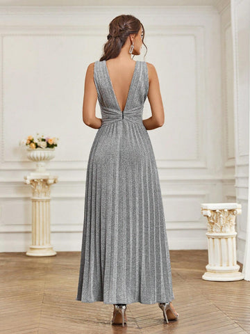 Women's Shiny Knotted Pleated Elegant Formal Evening Dress