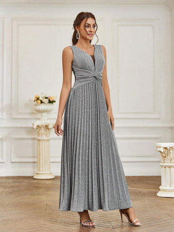 Women's Shiny Knotted Pleated Elegant Formal Evening Dress