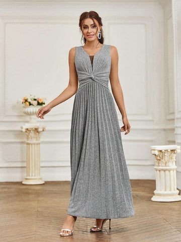 Women's Shiny Knotted Pleated Elegant Formal Evening Dress