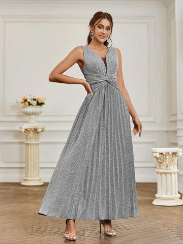 Women's Shiny Knotted Pleated Elegant Formal Evening Dress