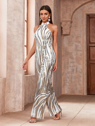Women's Shiny Sequin Zebra Print Halter Neck Jumpsuit