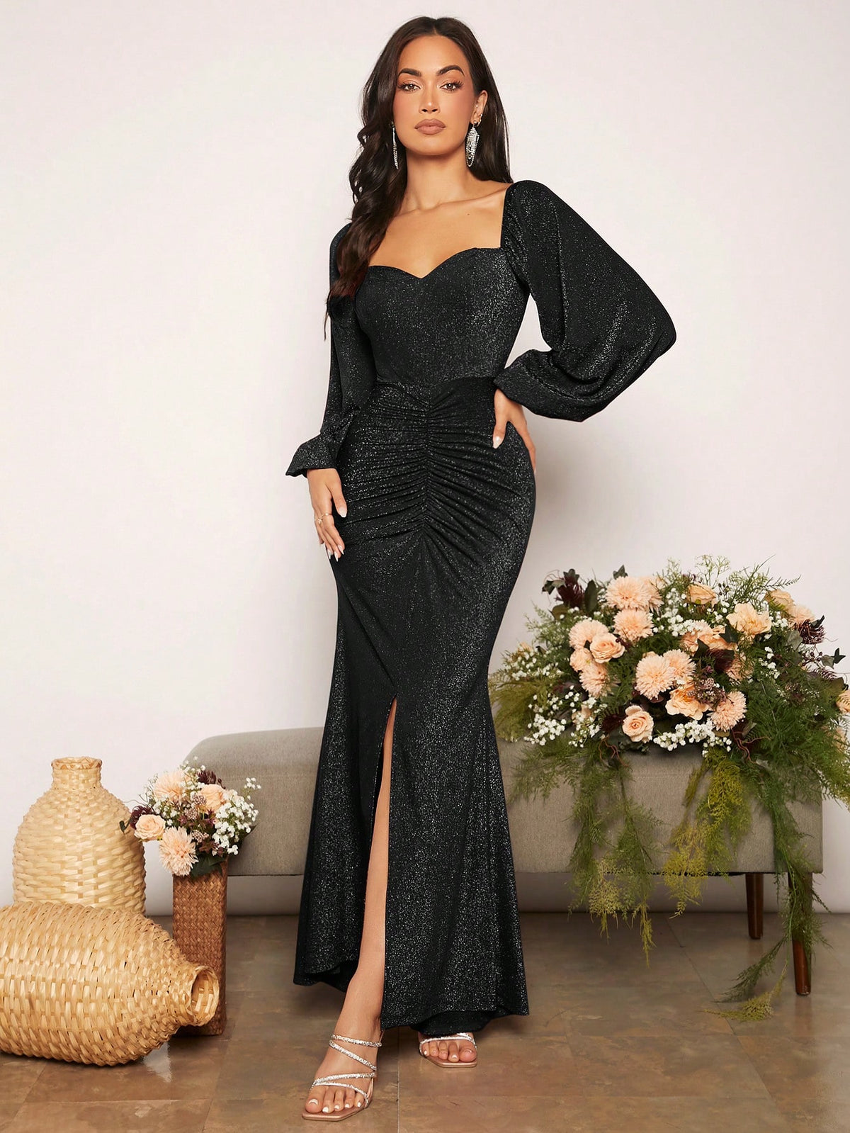 Women's Shiny Split Bridesmaid Maxi Dress