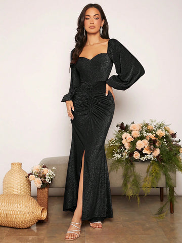 Women's Shiny Split Bridesmaid Maxi Dress