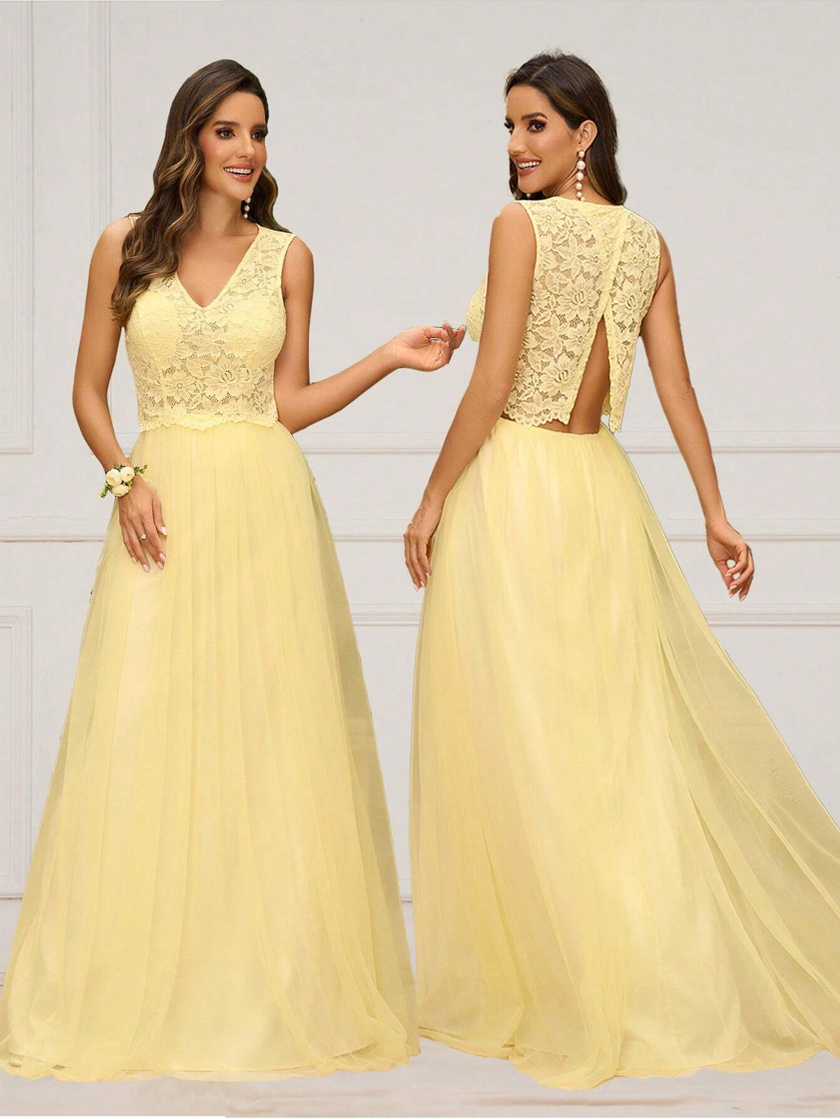 Women's Simple And Conservative Light Yellow Lace Spliced Mesh V-Neck Puffy Swing Dress With Mushroom Button Back Adjustable And Removable Head Elastic Waistband Suitable For Wedding Season Mother's Day And Formal Bridesmaid Dress