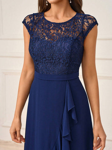 Women's Simple Navy Blue Lace Spliced Chiffon Fabric See-Through Round Neck Short  And Jellyfish Ruffle Trim A-Line Mid-Length Skirt Suitable For Romantic Wedding Season Activities Mother's Day Back To School Seaso Formal Occasions Bridesmaid Dress