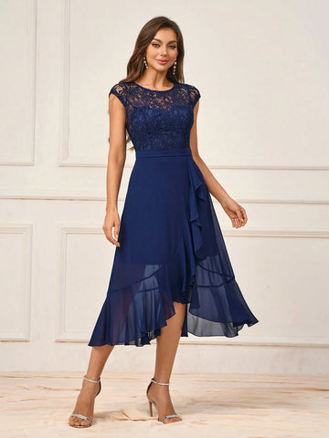 Women's Simple Navy Blue Lace Spliced Chiffon Fabric See-Through Round Neck Short  And Jellyfish Ruffle Trim A-Line Mid-Length Skirt Suitable For Romantic Wedding Season Activities Mother's Day Back To School Seaso Formal Occasions Bridesmaid Dress
