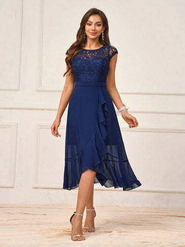 Women's Simple Navy Blue Lace Spliced Chiffon Fabric See-Through Round Neck Short  And Jellyfish Ruffle Trim A-Line Mid-Length Skirt Suitable For Romantic Wedding Season Activities Mother's Day Back To School Seaso Formal Occasions Bridesmaid Dress
