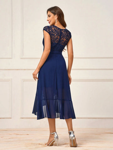 Women's Simple Navy Blue Lace Spliced Chiffon Fabric See-Through Round Neck Short  And Jellyfish Ruffle Trim A-Line Mid-Length Skirt Suitable For Romantic Wedding Season Activities Mother's Day Back To School Seaso Formal Occasions Bridesmaid Dress