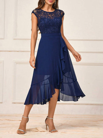 Women's Simple Navy Blue Lace Spliced Chiffon Fabric See-Through Round Neck Short  And Jellyfish Ruffle Trim A-Line Mid-Length Skirt Suitable For Romantic Wedding Season Activities Mother's Day Back To School Seaso Formal Occasions Bridesmaid Dress
