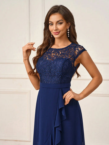 Women's Simple Navy Blue Lace Spliced Chiffon Fabric See-Through Round Neck Short  And Jellyfish Ruffle Trim A-Line Mid-Length Skirt Suitable For Romantic Wedding Season Activities Mother's Day Back To School Seaso Formal Occasions Bridesmaid Dress