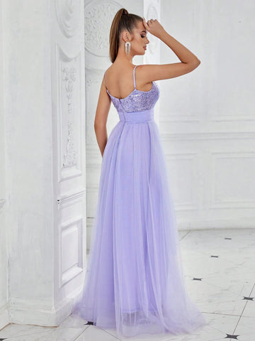 Women's Sleeveless Sequin Mesh Splice Bridesmaid Dress With Straps