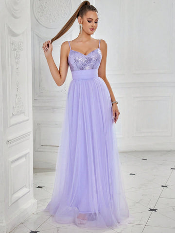 Women's Sleeveless Sequin Mesh Splice Bridesmaid Dress With Straps