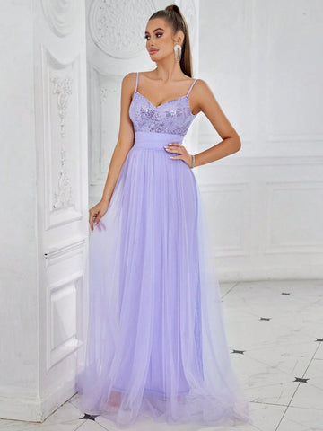 Women's Sleeveless Sequin Mesh Splice Bridesmaid Dress With Straps