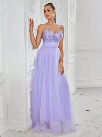 Women's Sleeveless Sequin Mesh Splice Bridesmaid Dress With Straps