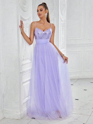 Women's Sleeveless Sequin Mesh Splice Bridesmaid Dress With Straps