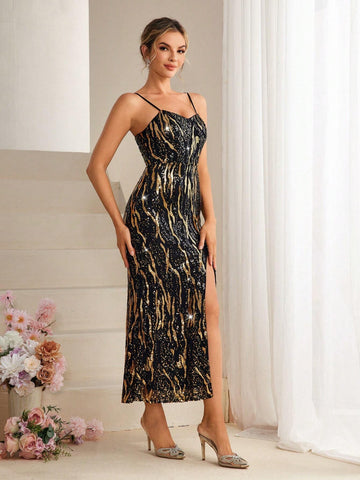 Women's Slim Fit Sparkly Charm Spaghetti Strap Split Evening Party Prom Dress