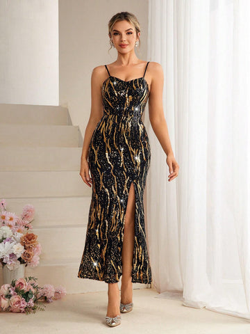 Women's Slim Fit Sparkly Charm Spaghetti Strap Split Evening Party Prom Dress