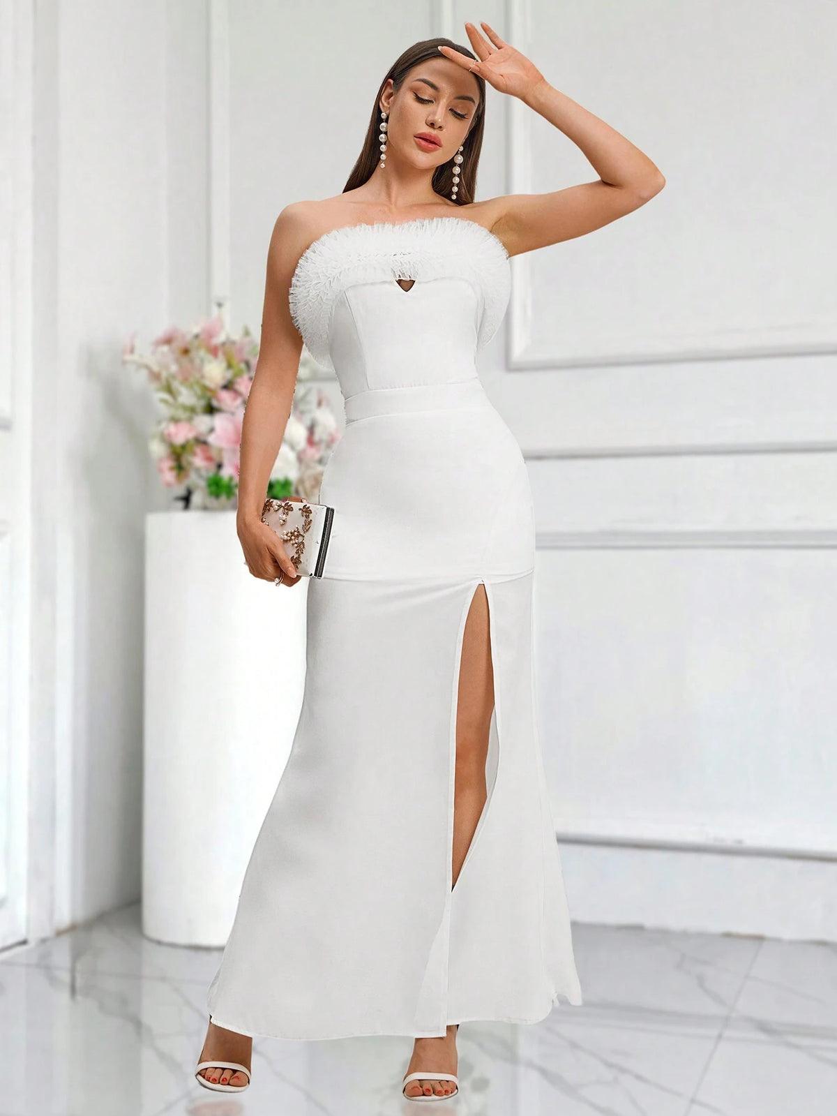 Women's Solid Color Contrast Mesh Ruffle Trimmed Strapless Dress With Side Slit, Elegant Bridesmaid Dress Wedding Dresses Bride