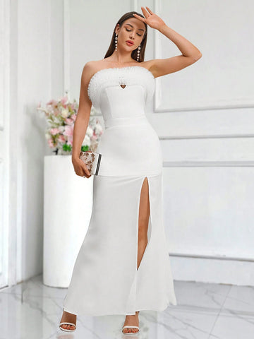 Women's Solid Color Contrast Mesh Ruffle Trimmed Strapless Dress With Side Slit, Elegant Bridesmaid Dress Wedding Dresses Bride