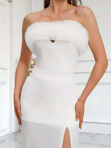 Women's Solid Color Contrast Mesh Ruffle Trimmed Strapless Dress With Side Slit, Elegant Bridesmaid Dress Wedding Dresses Bride