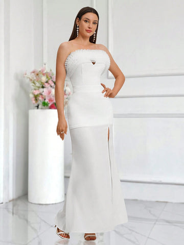 Women's Solid Color Contrast Mesh Ruffle Trimmed Strapless Dress With Side Slit, Elegant Bridesmaid Dress Wedding Dresses Bride